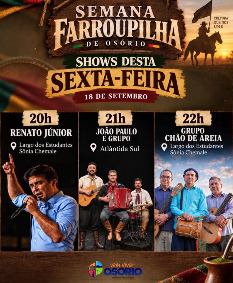 A programação da Semana Farroupilha de Osório segue nesta sexta-feira (18/09), com atrações musicais e tradicionalistas em diferentes pontos do município.