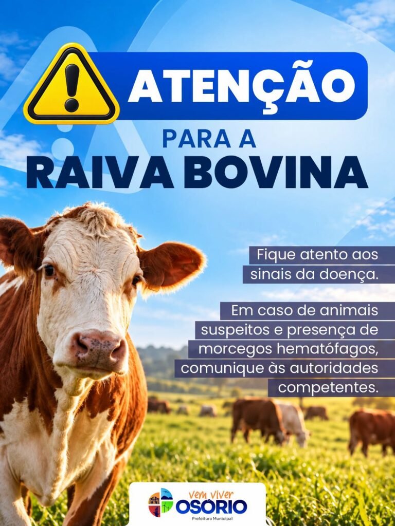 CASO DE RAIVA EM BOVINO NO MUNICÍPIO DE OSÓRIO REFORÇA CUIDADOS NO CAMPO 10 Produtores devem ficar atentos aos sinais da doença e comunicar imediatamente animais suspeitos e a presença de morcegos hematófagos às autoridades veterinárias.