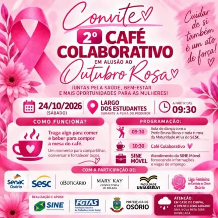 2º Café Colaborativo do Outubro Rosa acontece neste Sábado em Osório