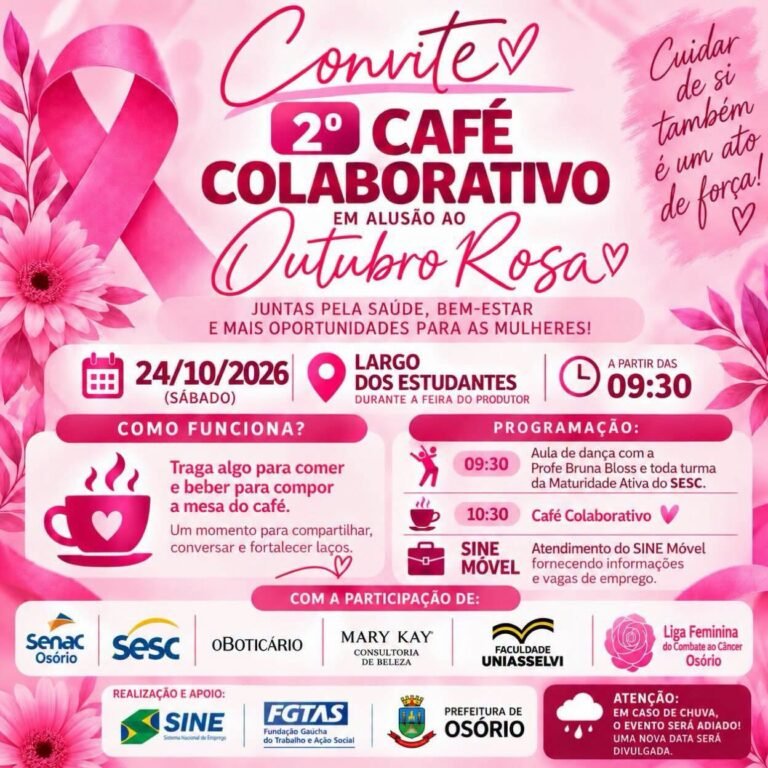 2o cafe colaborativo do outubro rosa acontece neste sabado em osorio