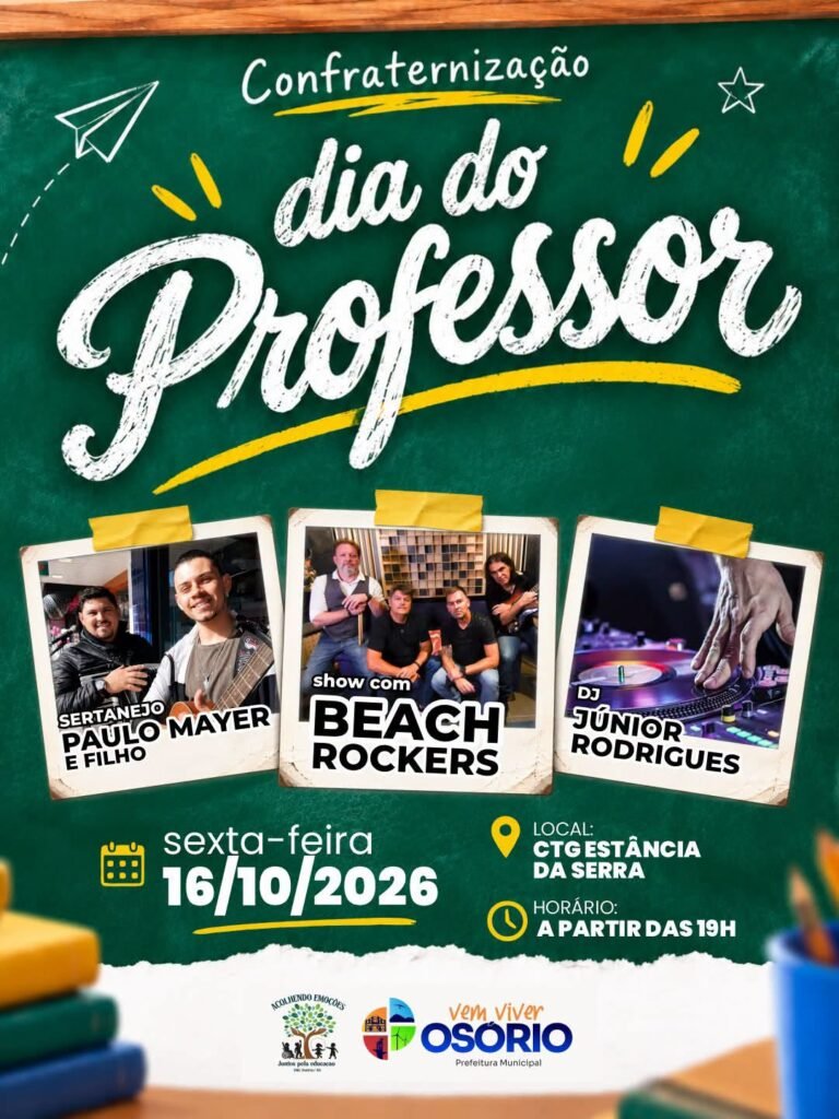 A Secretaria Municipal de Educação de Osório promove, no próximo dia 16 de outubro (sexta-feira), uma confraternização em celebração ao Dia do Professor.