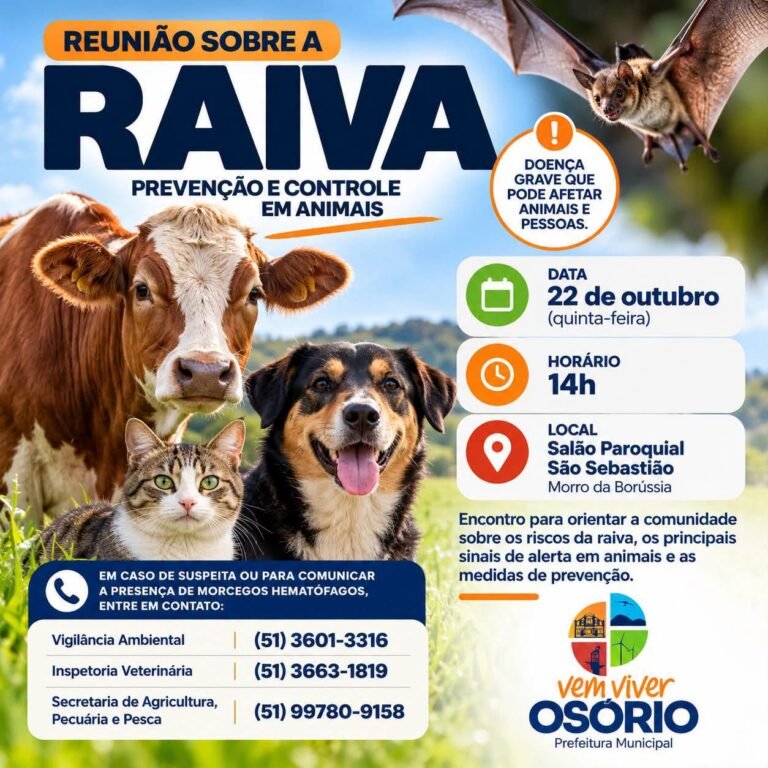 A Prefeitura Municipal de Osório convida a comunidade para participar de uma reunião sobre a prevenção e o controle da raiva.