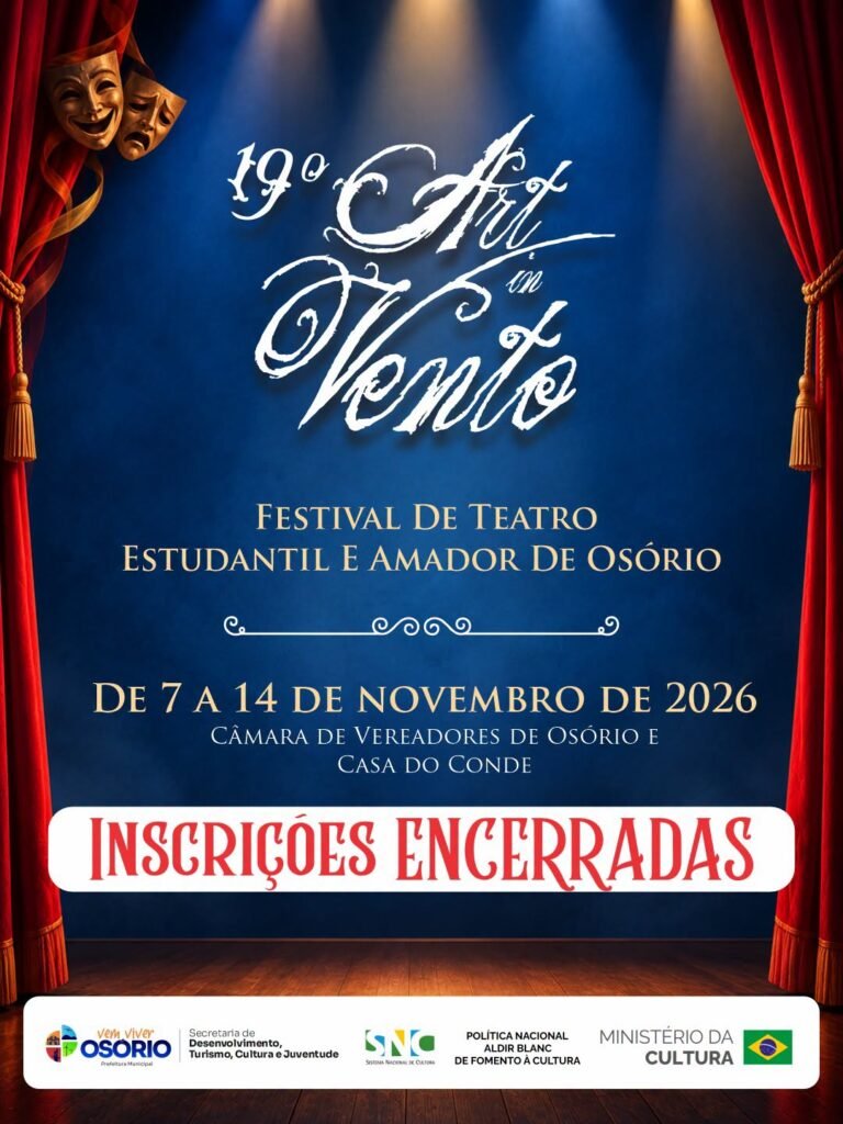 ENCERRADAS AS INSCRIÇÕES PARA O 19º FESTIVAL DE TEATRO AMADOR E ESTUDANTIL ART IN VENTO DE OSÓRIO 12 O festival recebeu 24 inscrições: 11 na categoria Amador, que selecionará oito espetáculos, e 13 na categoria Estudantil, que selecionará dez.