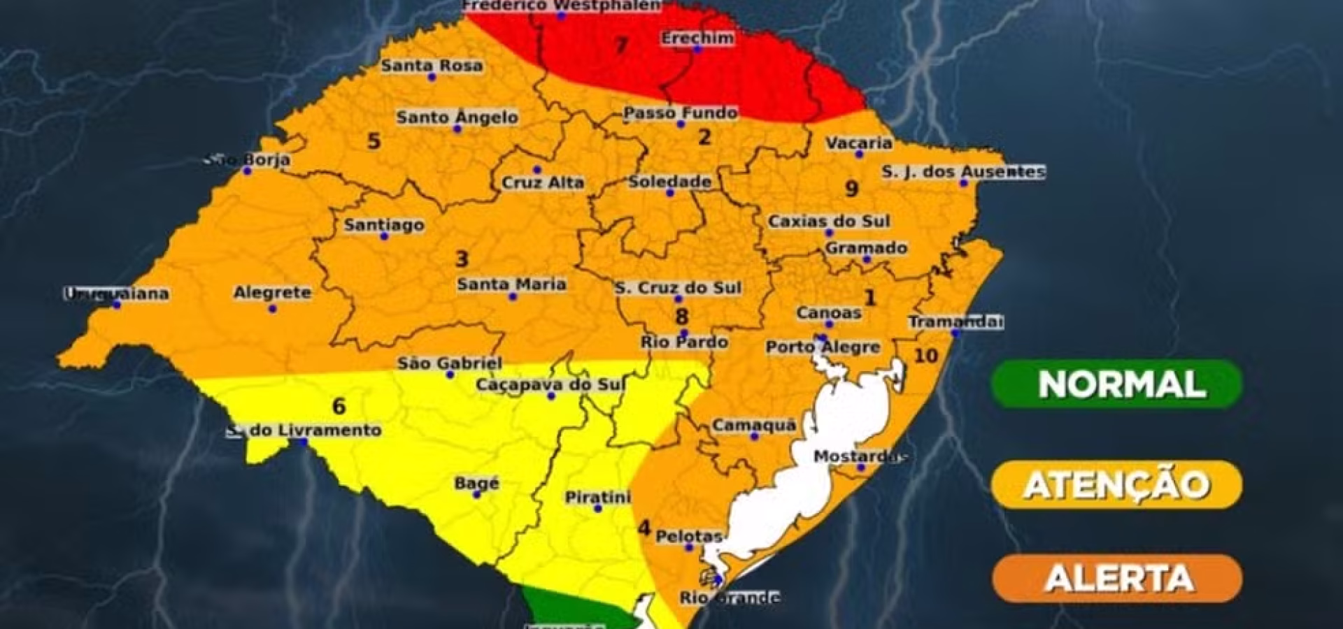 Há risco meteorológico para quase todo o estado, segundo a Defesa Civil. — Foto: Divulgação/Defesa Civil do Rio Grande do Sul.