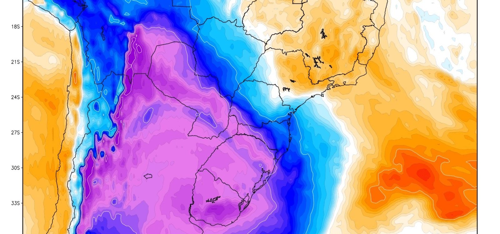 Mapa do modelo europeu mostra uma potente massa de ar frio de trajetória continental com ar muito gelado neste começo de semana | METSUL