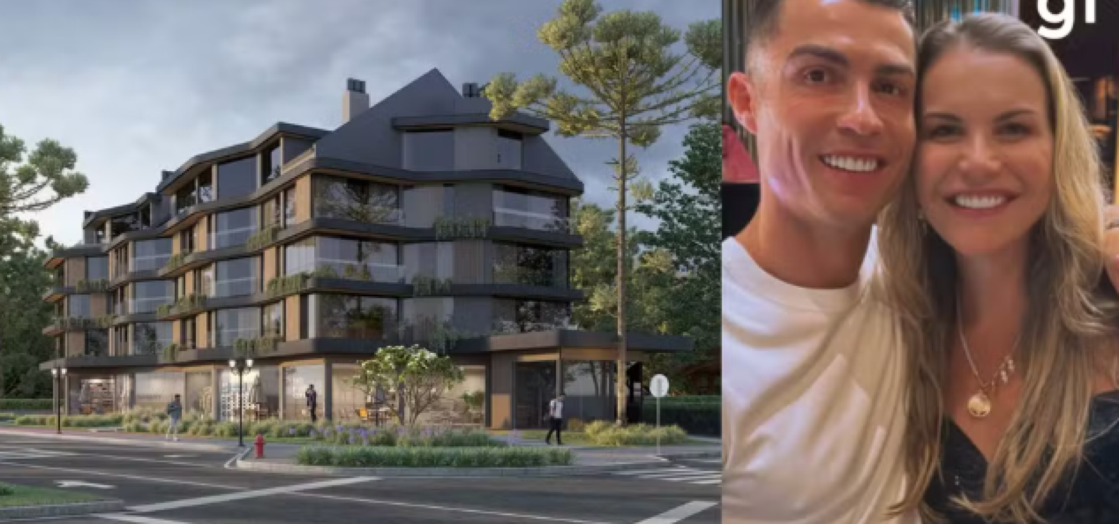 Projeto do Residencial Flag; Cristiano Ronaldo e Katia Aveiro — Foto: Divulgação/ Incorporadora Ursa; Reprodução/ Redes Sociais