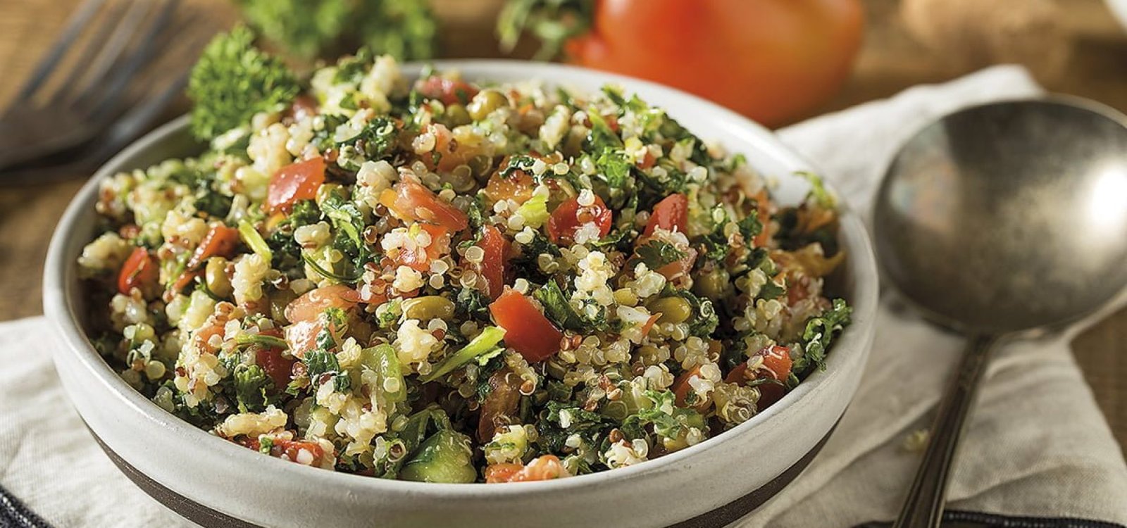 Healthy Organic Quinoa Tabouli Salad with Tomato and Cucumber