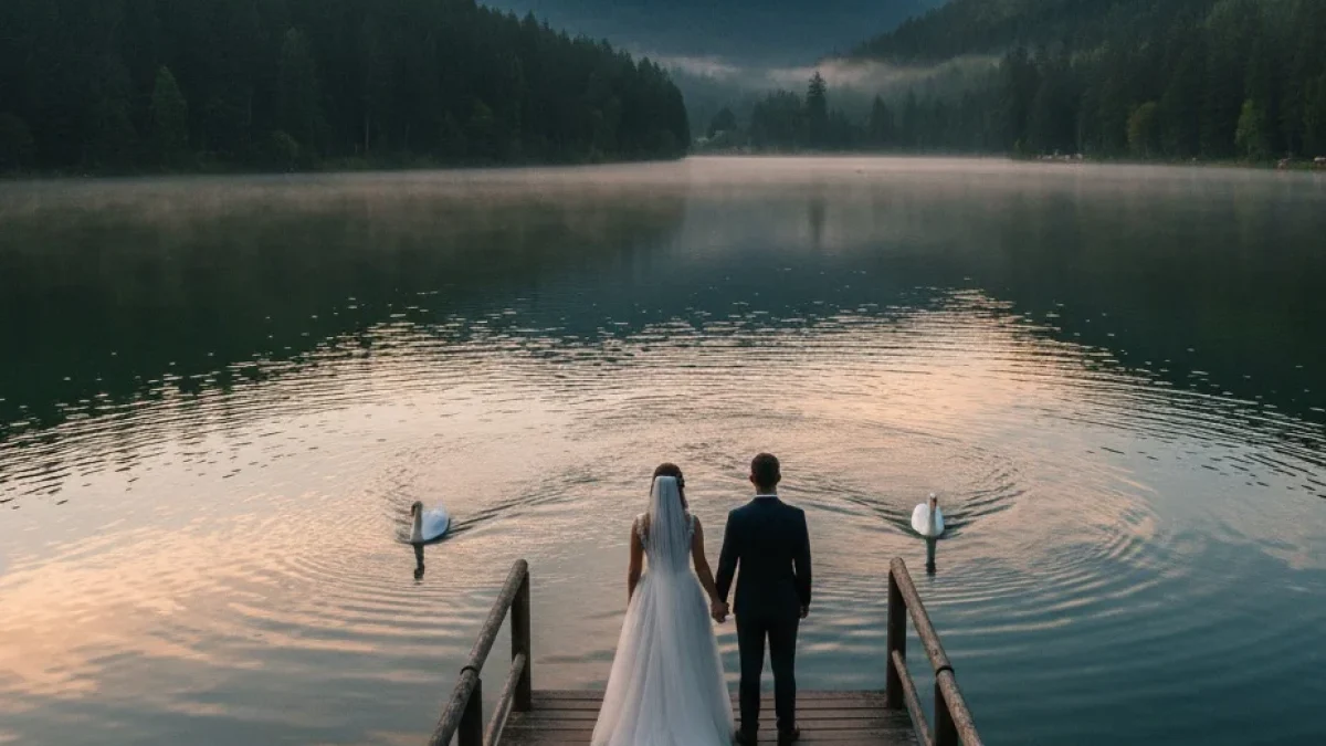 Objetivo era realizar o casamento em um dos cartões postais mais bonitos do RS: o Lago Negro. Créditos: IA.