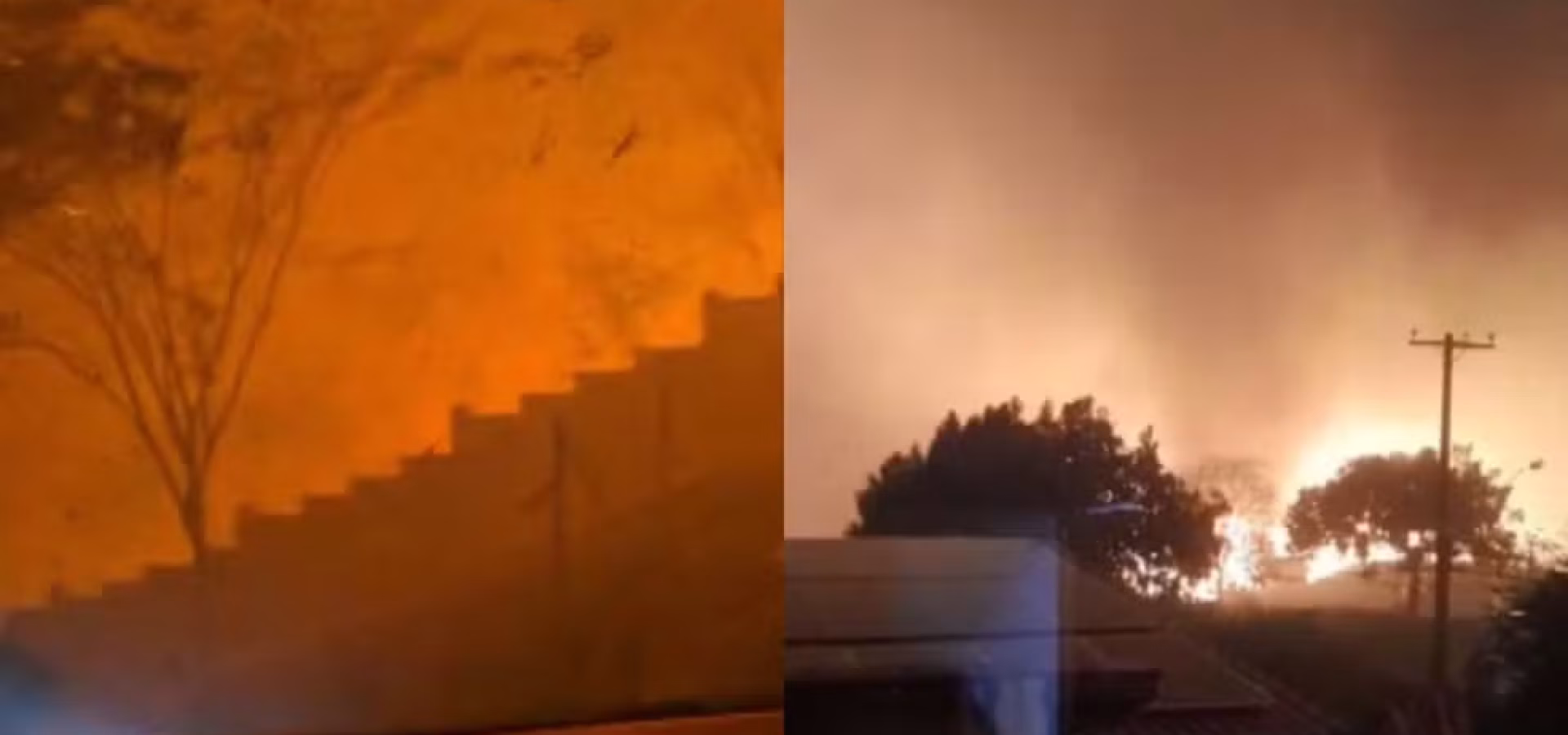 À esquerda, fogo próximo a muro de condomínio na zona sul de Ribeirão Preto. À direita, incêndio no bairro Cândido Portinari. — Foto: Reprodução/EPTV