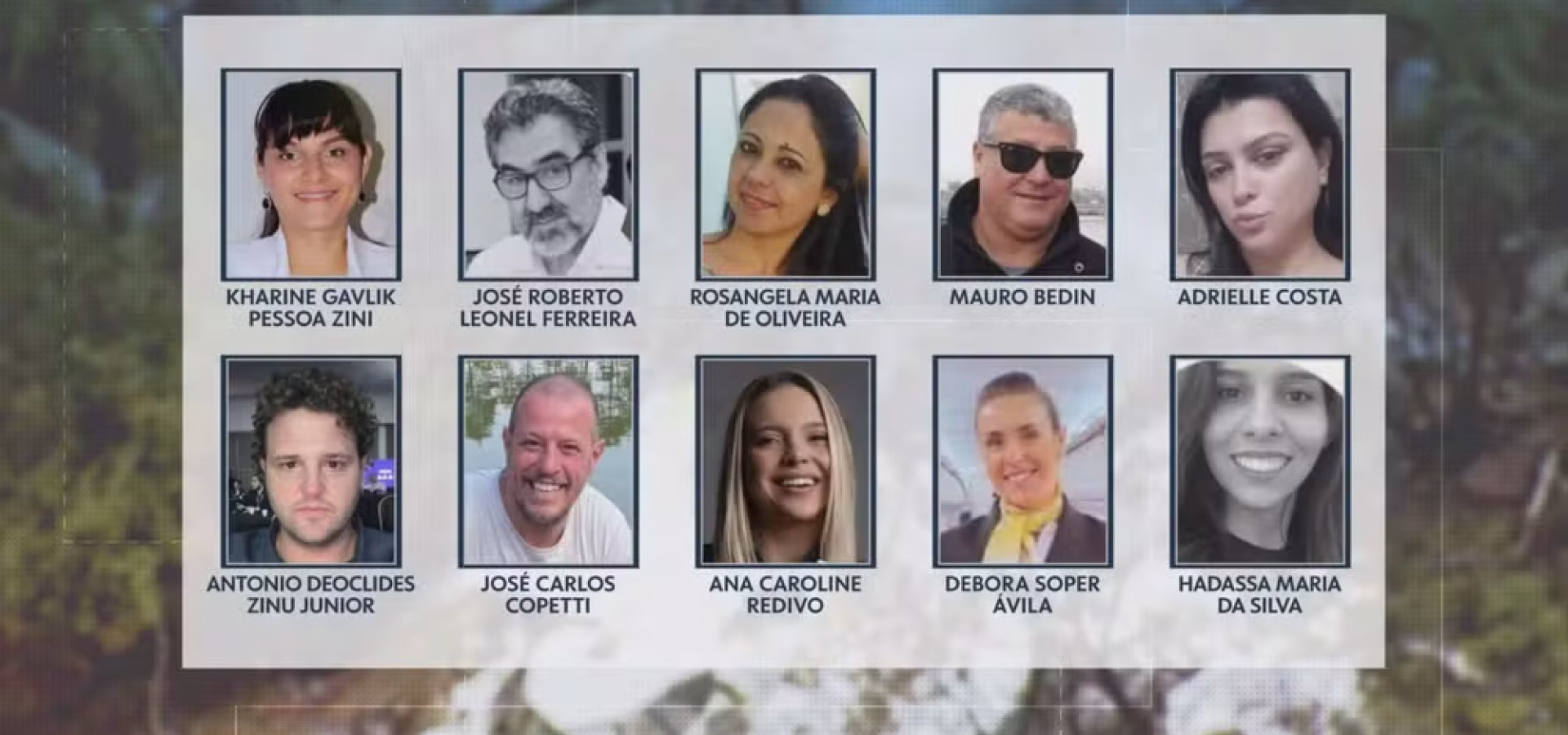 Montagem mostra dez dos ocupantes do avião que caiu em Vinhedo; aeronave levava 57 passageiros e 4 tripulantes. — Foto: Reprodução/TV Globo